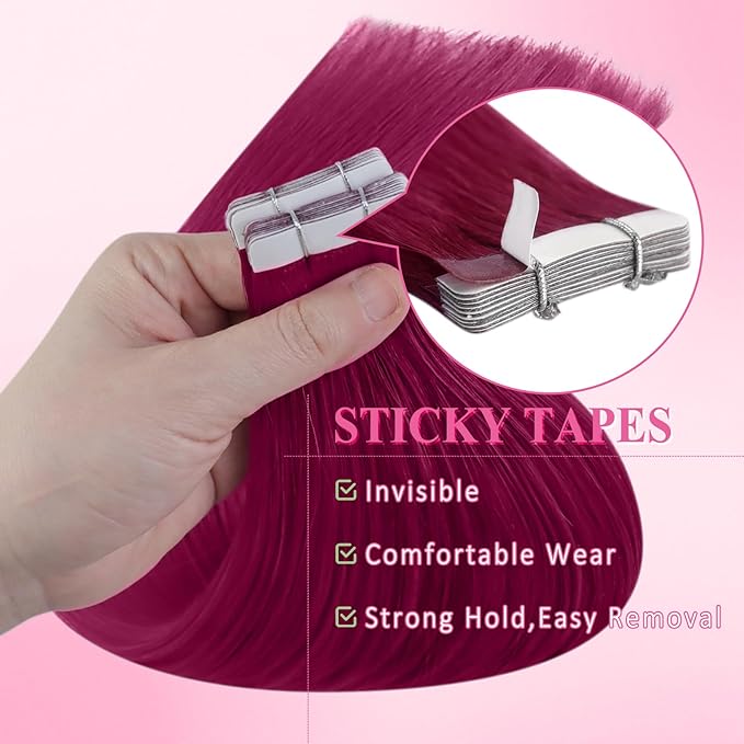 YoungSee Invisible Tape in Hair Extensions Magenta 22 Inch Human Hair Tape in Extensions Rosein Colored Hair Extension Real Human Hair Tape-in for Long Hair 10pcs 25g