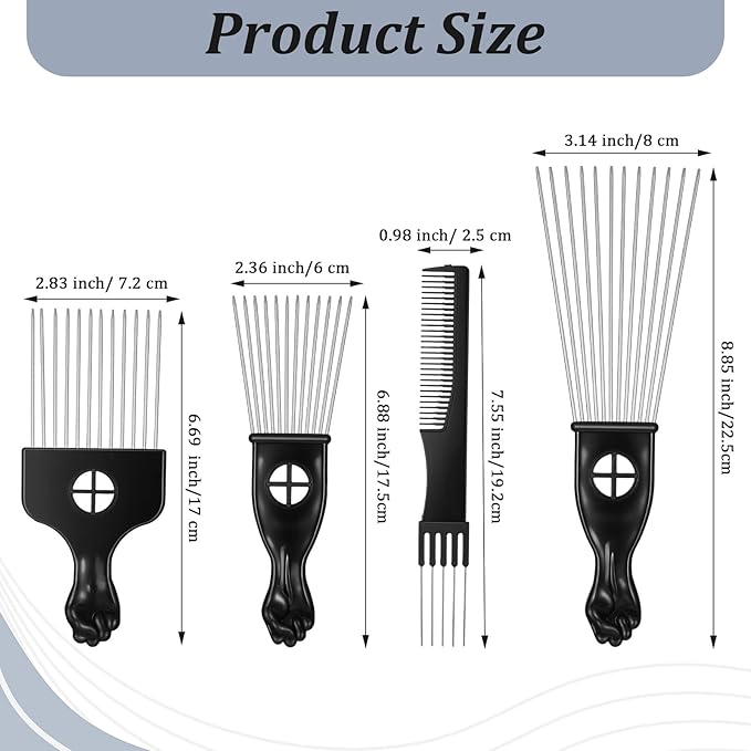 Sibba 4 Pack Metal Comb Afro Hair Pick Comb Set, Stainless Steel Wide Tooth Hair Picks for Natural Curly Coily, Fist Design Braid Styling Combs Afro Lift Picks Wig Detangler for Detangling Hairstyling