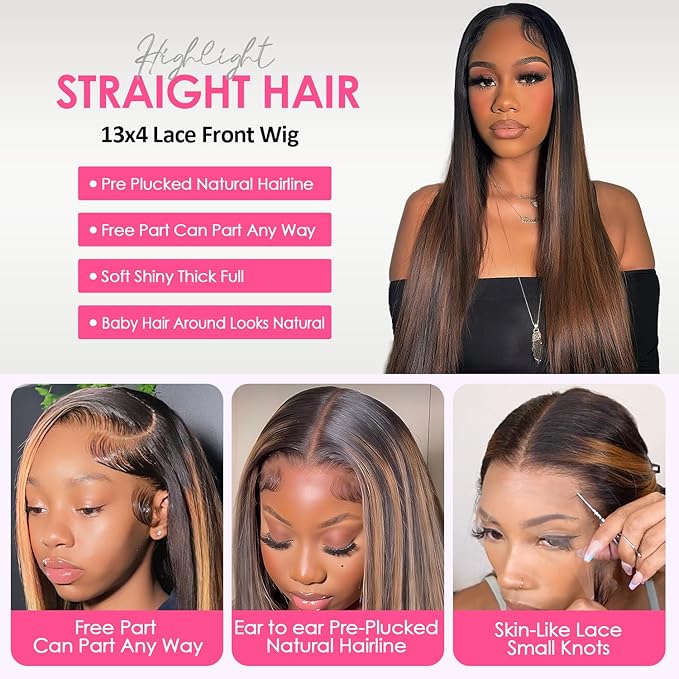 Straight Wigs Human Hair 1B/30 Highlight Ombre Lace Front Wig Human Hair 13x4 Transparent Lace Frontal Black with Brown Highlight Wig for Women 200 Density Glueless Wigs 24 Inch