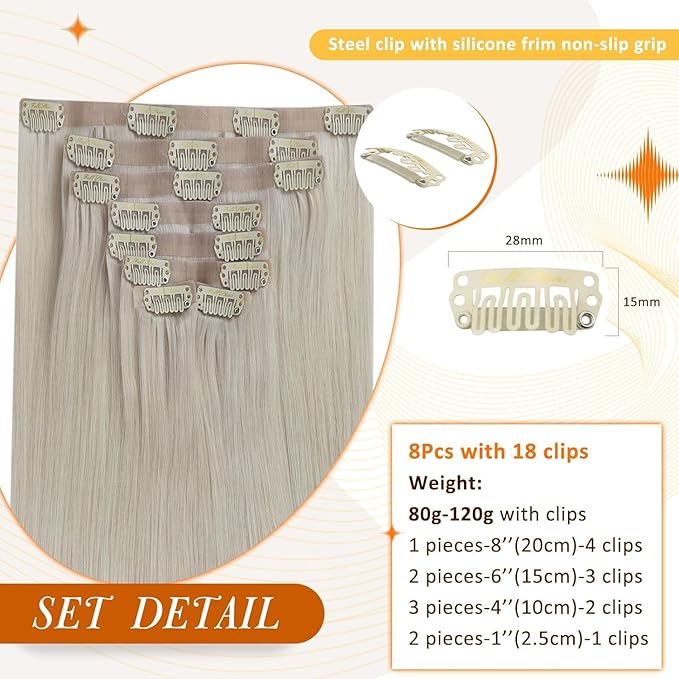 Full Shine Blonde Human Hair Clip in Extensions 22 Inch Long Hair Extensions for Women Seamless Extension Clip ins Straight Remy Natural Hair 8 PCS 120 G