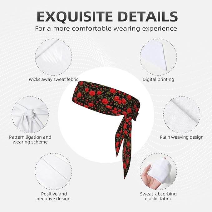 Boys Girls Sports Sweatbands, Multipurpose Long Head Band for Yoga Fitness Shower, Fashion Floral Flowers Black Red Roses Headwear Head Decor