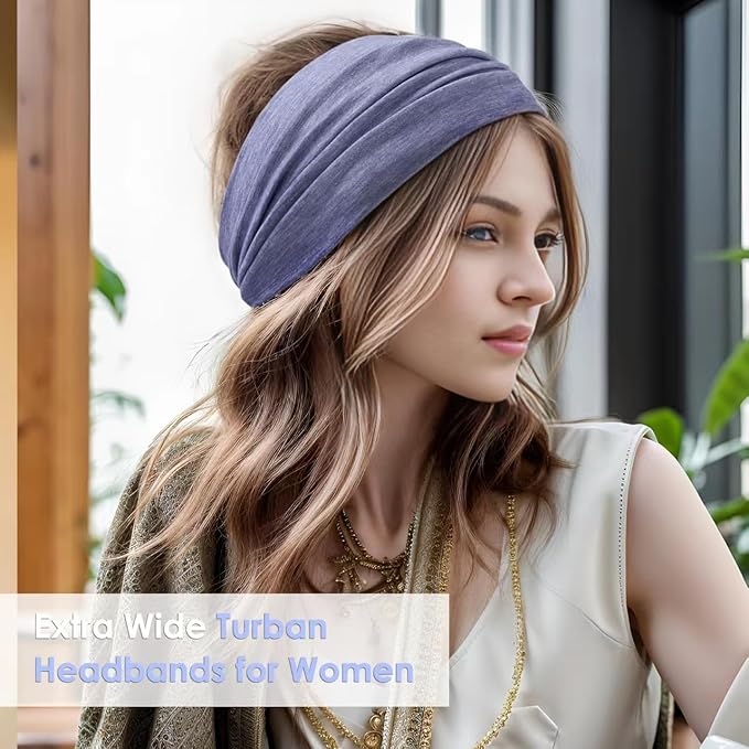 Extra Wide Headbands for Women, 7'' Large Cotton Like Turban Knotted Bandana Head Bands for Women Non Slip, Boho Headbands for Women's Hair (6Pcs Bright Colors, Extra Large 7" Wide)