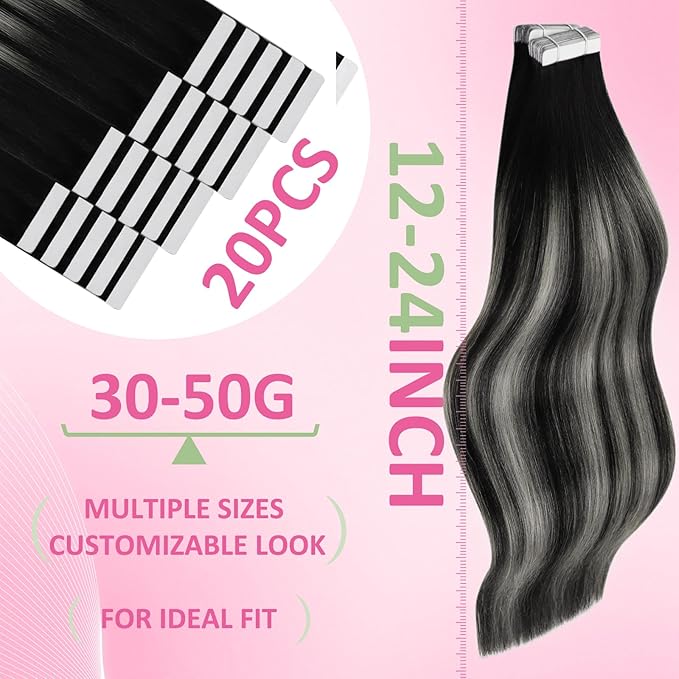 YoungSee Black Tape in Hair Extensions Human Hair Invisible Tape on Human Hair Extensions Ombre Black to Silver Real Hair Tape-in Extension for Women Silky Straight Hair Extensiones 18In 50g 20pcs