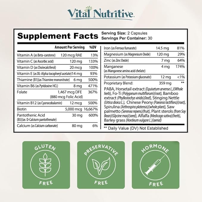 Vital Hair Complex – Biotin & Vitamin B Hair Vitamins for Women & Men – Supports Healthy Hair, Skin & Nails – Hormone-Free, Gluten-Free – Hair Supplement for Women & Men