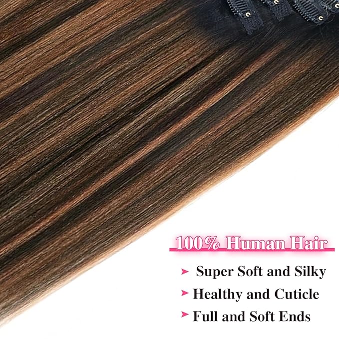 Yaki Straight Clip ins Real Human Hair Extensions For Women Highlight Hair Extensions Yaki Straight Clip in Hair Extensions(22inch,T1BP1B/30)