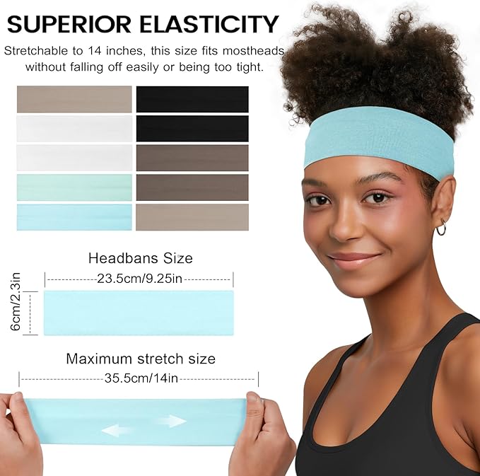 10 PCS Headbands for Women - Fashion Non Slip Cotton Headbands for Women and Men Perfect for Sports and Outdoor Activities in Summer,Including Running, Yoga, Cycling, Gym Workouts