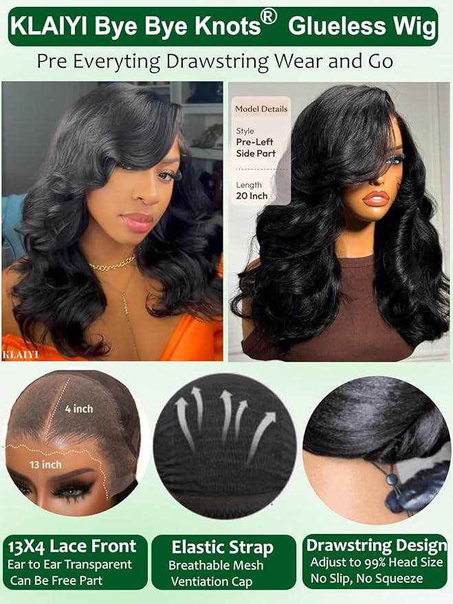 KLAIYI Pre Everything Glueless Layer Side Part Loose Body Wave 13x4 Lace Front Wigs Human Hair Drawstring Curtain Bangs Face framing Pre Bleached Knots Pre Plucked 3S Ready to Put On and Go Wig 18Inch