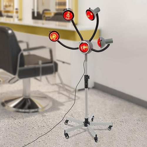 5 Head Infrared Light Heat Therapy Red Lamp, Salon Hair Steamer Perming Dyeing Adjustable Height Machine with Rolling Wheels, Infrared Dryer Hair Drying Care, Standing Infrared Heater