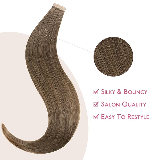 WENNALIFE Tape in Hair Extensions Human Hair Light Ash Brown Tape in Extensions, 10pcs 30g 20 inch Remy Invisible Tape Ins Straight Colored Soft Real Human Hair Tape in Extensions Refill Set