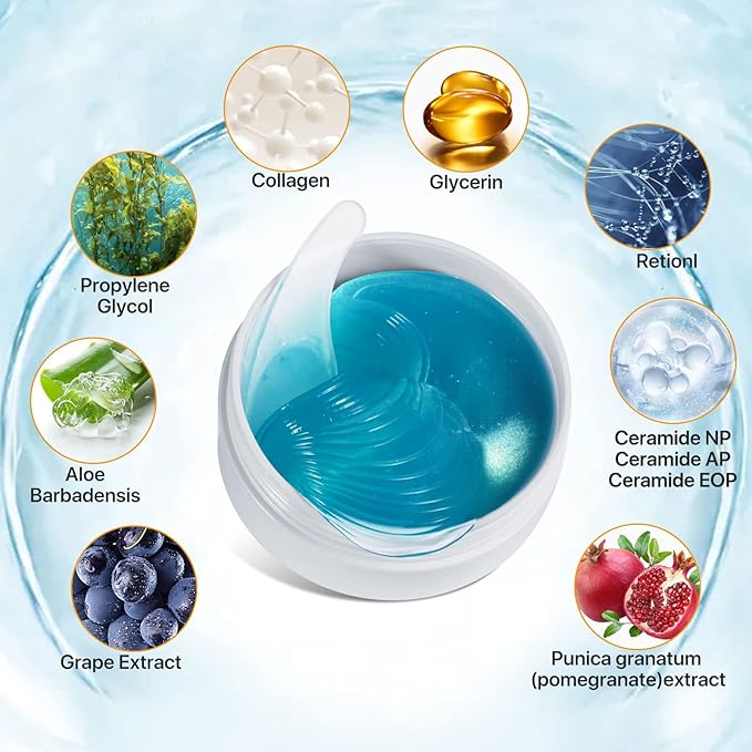 60 Pcs Under Collagen Eye Masks, Under Eye Patches for Dark Circles and Puffiness, Hydrating Eye Mask Skincare, Eye Gel Pads for Eye Bags and Wrinkles Under Eye Treatment (60 Pcs Blue)