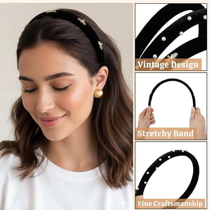Huachi Black Headbands for Women Velvet, Wide Padded Headband for Girls Non Slip, Trendy Headbands for Women’s Hair, Fashion Hair Accessories 3PCS