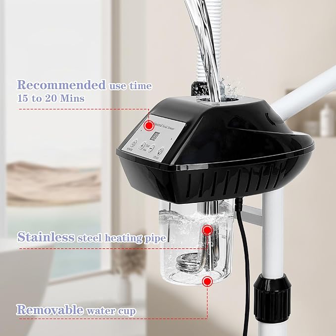 Professional Facial Steamer, 2 in 1 Face Steamer on Wheels, with 5X Magnifying Lamp, Facial Steamer with Time Setting, Stand Face Steamer Adjustable Height for Spa, Salon and at Home use