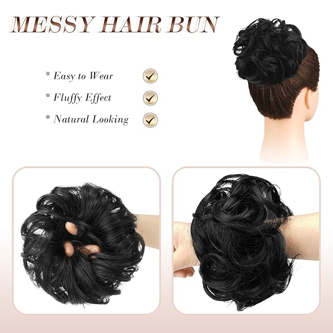 FESHFEN Messy Bun Hair Piece - Large Elastic Wavy Curly Hair Bun Scrunchies Ponytail Extensions Synthetic Chignon Hairpieces for Women, Off Black 1.94oz