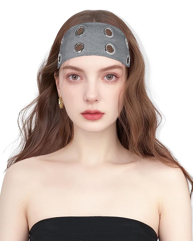 Grommet Headband for Women, Dark Gray 23cm Hollow Out Elastic Hair Band, Eyelets Punk Grunge Stylish Hairband