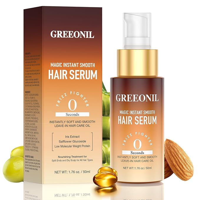 Hair Serum for Frizz Hair - Anti Frizz Serum Hydration and Shine and Gloss Treatment with Marula Oil, Squalane, Vitamin E, Olive, Leave-In, For All Hair Types, 1.76 Fl Oz