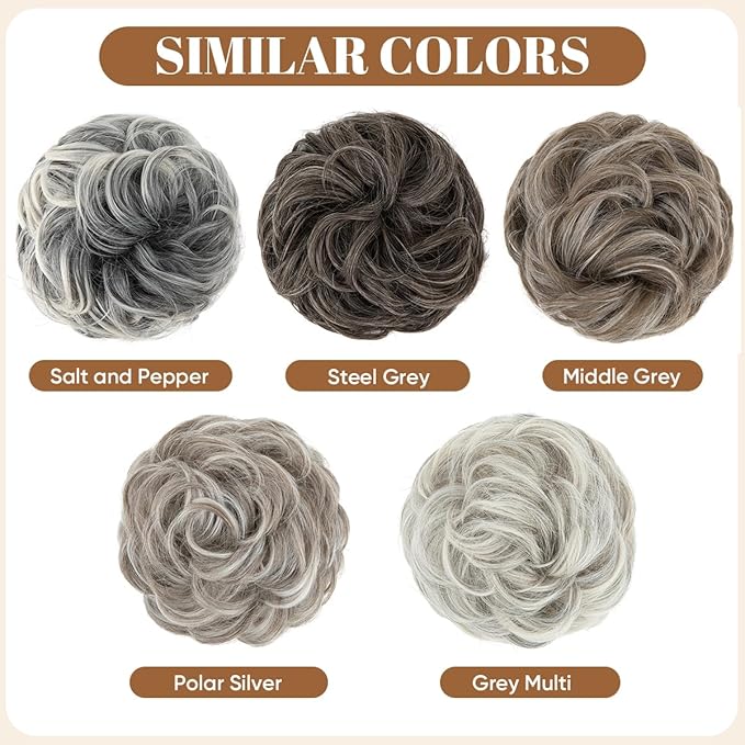 CJL HAIR Large Messy Bun Hair Piece Wavy Curly Scrunchies Synthetic Chignon Ponytail Hair Extensions Thick Updo Hairpieces for Women Middle Grey