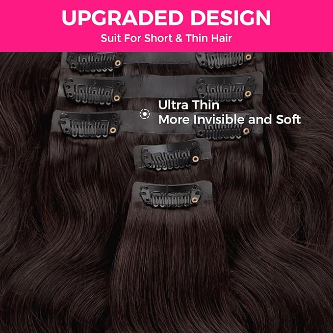 Lashey Seamless Clip in Hair Extensions Human Hair #2 Dark Brown Body Wave 7pcs 110g 14 Inch PU Weft Human Hair Clip in Extensions for Women