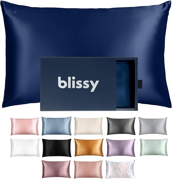 Blissy Silk Pillowcase - 100% Pure Mulberry Silk - 22 Momme 6A High-Grade Fibers - Silk Pillow Cover for Hair & Skin - Regular, Queen & King (Blue, Queen)