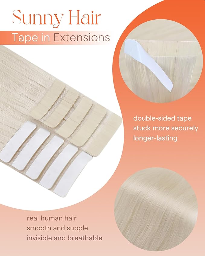 Sunny Hair Tape in Hair Extensions Real Human Hair Invisible Remy Hair Extensions Tape ins for Women White Blonde 14 inch 25G