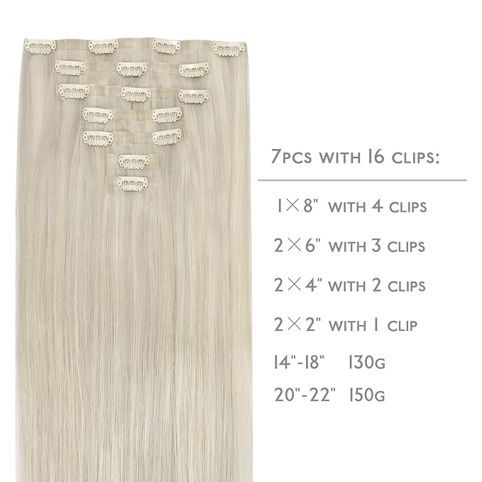 WENNALIFE Seamless Clip In Hair Extensions, 22 Inch 7pcs 150g Ash Blonde Highlighted Platinum Blonde Human Hair Extensions, Invisible PU Weft