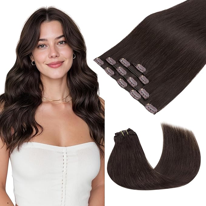 GOO GOO Clip in Hair Extensions Real Human Hair, Remy Human Hair Extensions Clip ins for Women, Natural Human Hair, 16inch 65g 4Pcs, 2 Dark Brown