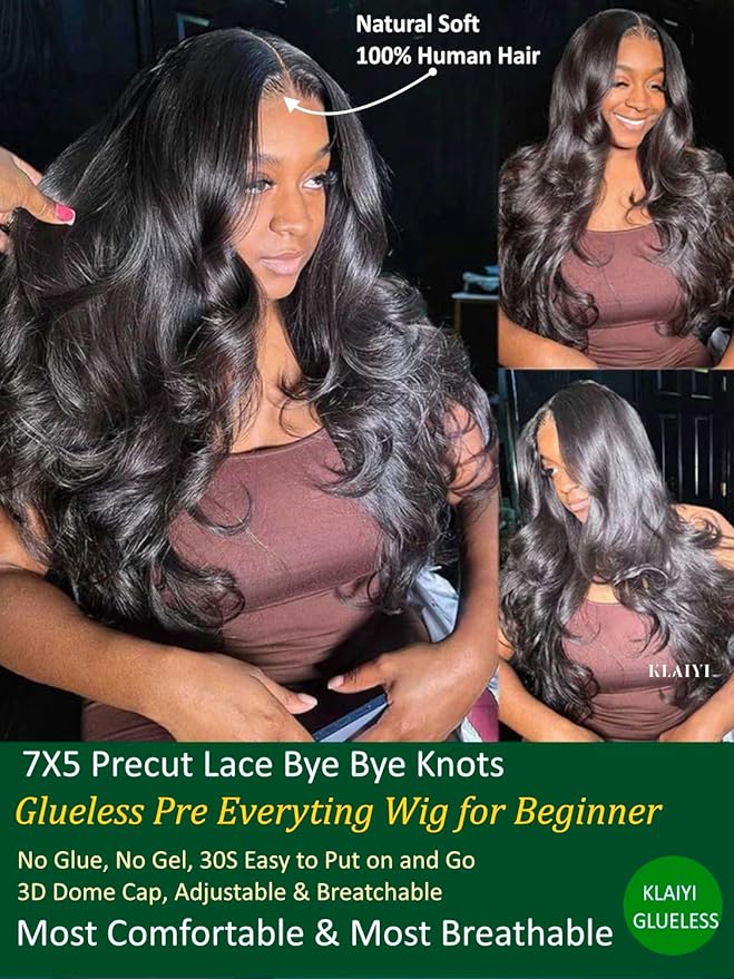 KLAIYI Body Wave Bye Bye Knots Glueless Wig 7x5 Pre Cut Lace Front Wigs Human Hair Wear and Go Wigs for Beginners Pre Bleached Pre Plucked Pre Everything 3S Easy to Ready to Wear Loose Wave Wig 20Inch