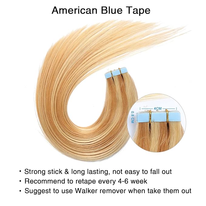 SUYYA Tape in Hair Extensions Human Hair Strawberry Blonde to Light Blonde Remy Hair 22 inches 20pcs 50g/pack Straight Seamless Skin Weft Tape in Human Hair Extensions Piano Color(22 inch #P27/24B)