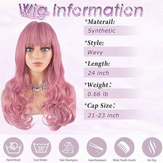 Haloo Pink Wigs with Bangs Long Wavy Layered Haircut Natural Looking Fluffy Synthetic Heat Resistant Hair Wig for Women Daily Party, 24 Inch