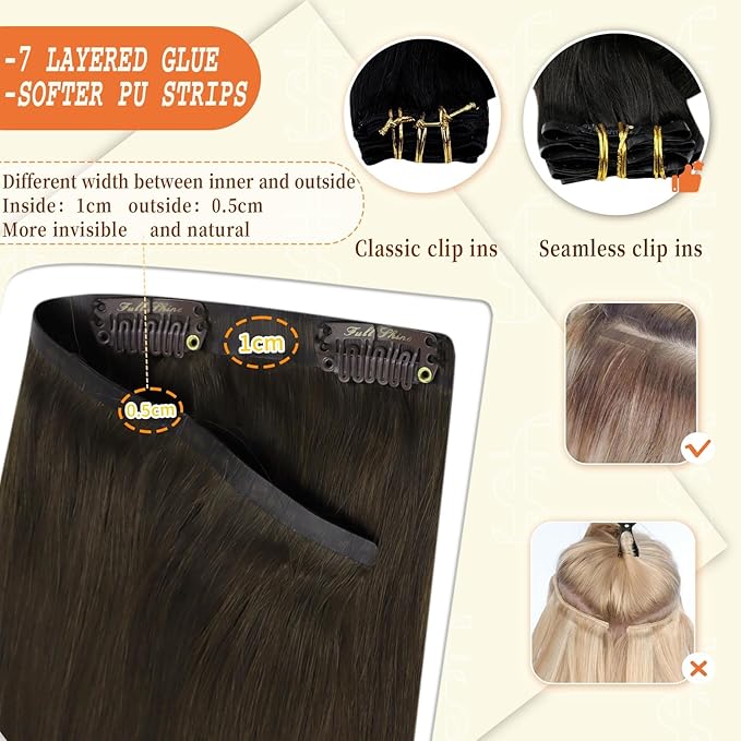 Full Shine Human Hair Clip in Extensions Dark Brown 24 Inch Seamless Clip in Hair Extension Real Human Hair Straight PU Invisible Hair Extensions Human Hair Full Head 8 Pcs 120 Grams