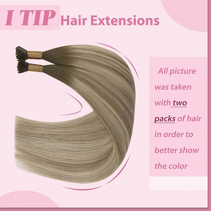 YoungSee I Tips Hair Extensions Real Human Hair Ombre 16In Itips Human Hair Extensions Dark Brown Ombre Blonde with Light Brown I Tip Hair Extension Balayage 50g 80s Straight Hair