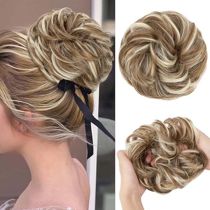 CJL HAIR Large Messy Bun Hair Piece Wavy Curly Scrunchies Synthetic Chignon Ponytail Hair Extensions Thick Updo Hairpieces for Women Bahama Beige
