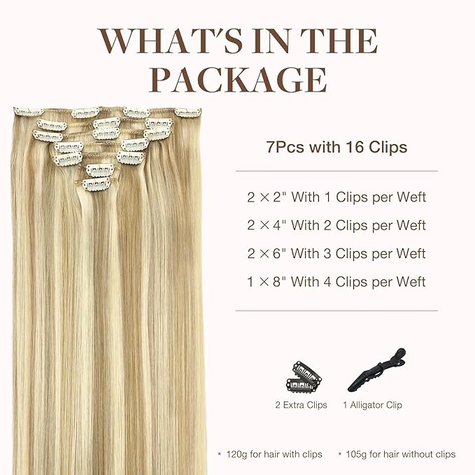 GOO GOO Clip in Hair Extensions Real Human Hair, Remy Human Hair Extensions Clip ins for Women, Natural Human Hair, 18inch 120g 7Pcs, 18A/613A Dark Blonde Highlighted Bleach Blonde