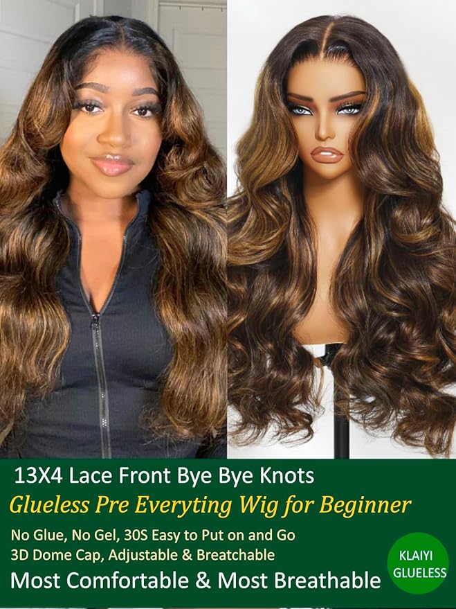 KLAIYI Pre Everything 13x4 Glueless Wig Ombre Brown Body Wave Pre Cut Lace Front Wigs Human Hair Pre Plucked Pre Bleached Wear and Go Wig with Dark Roots 12A Highlight Balayage 3S Ready To Wear 18Inch