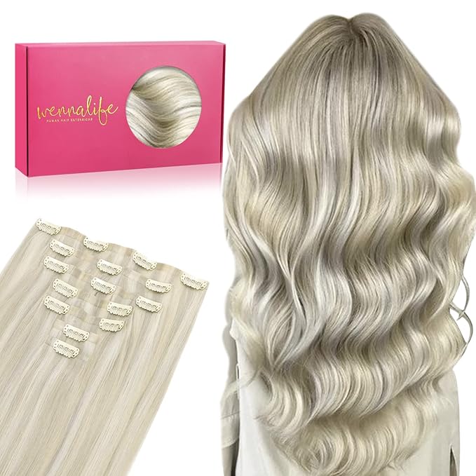 WENNALIFE Seamless Clip In Hair Extensions, 16 Inch 7pcs 130g Ash Blonde Highlighted Platinum Blonde Hair Extensions Clip In Real Human Hair Extensions Clip In Invisible PU Weft Human Hair Extensions