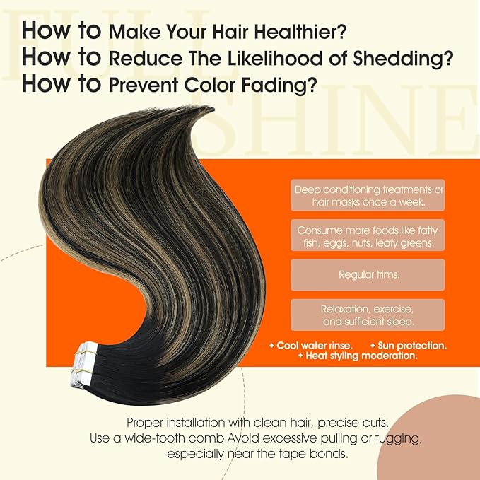 Full Shine Tape ins Human Hair Extensions Balayage Tape in Hair Extensions 16Inch Seamless Skin Weft Tapes Extension 20pcs 1B Black to 27 Honey Blonde with 1B Invisible Straight Full Head 50G