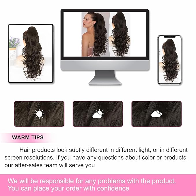 ALXNAN Ponytail Extension,24 Inch Claw Clip in Long Curly Wavy Black Brown Ponytail Hair Extension Jaw Clip on Pony Tails Hairpiece for Women