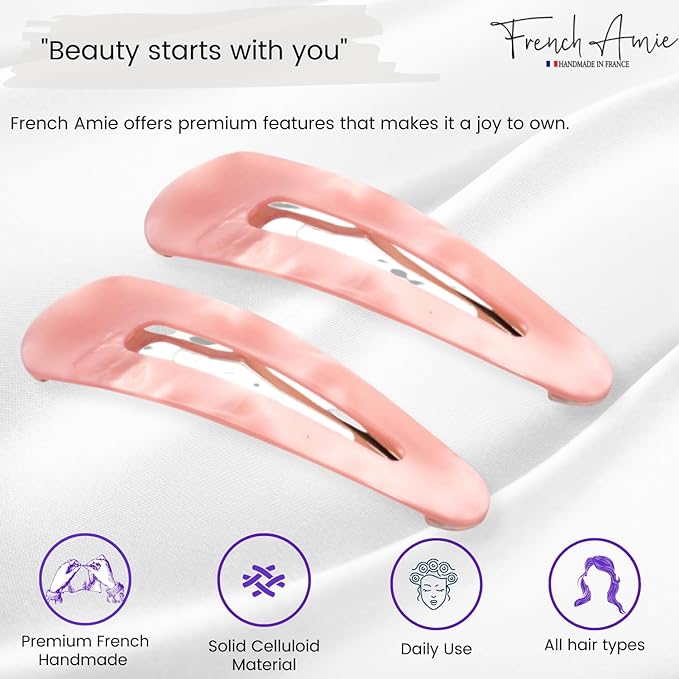 French Amie Clic Clac Large Handmade Celluloid Acetate Set of 2 Snap Hair Clips No Slip Side Slide-in Barrette for Women and Girls (Blush Pink)