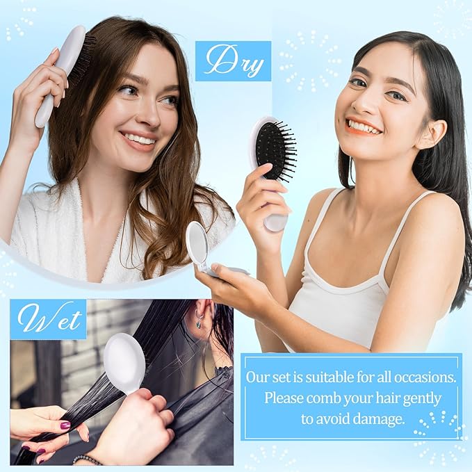 Meanplan 24 Pcs Mini Hair Brush Set 12 Travel Wet Dry Hair Combs Pocket Detangling 12 Compact Folding Makeup Mirrors for Spa Sleepover Birthday Bridal Shower Bachelorette Christmas Party Gift(White)