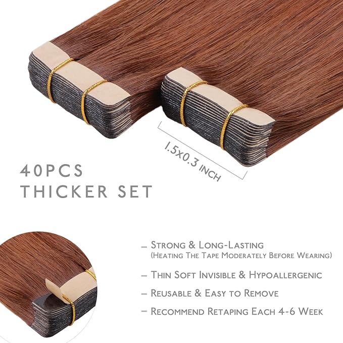 WENNALIFE Tape in Hair Extensions Human Hair, 40pcs 120g 26 inch Dark Auburn Copper Hair Extensions Real Human Hair Straight Tape in Extensions Invisible Human Hair Extensions Reusable Real Hair Exten