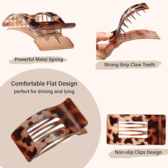 4 PCS Flat Hair Clips, Large Flat Claw Clips for Women Girls, Strong Hold French Hair Clips for Thick Thin Hair, Stylish Classic Hair Barrettes(Leopard)