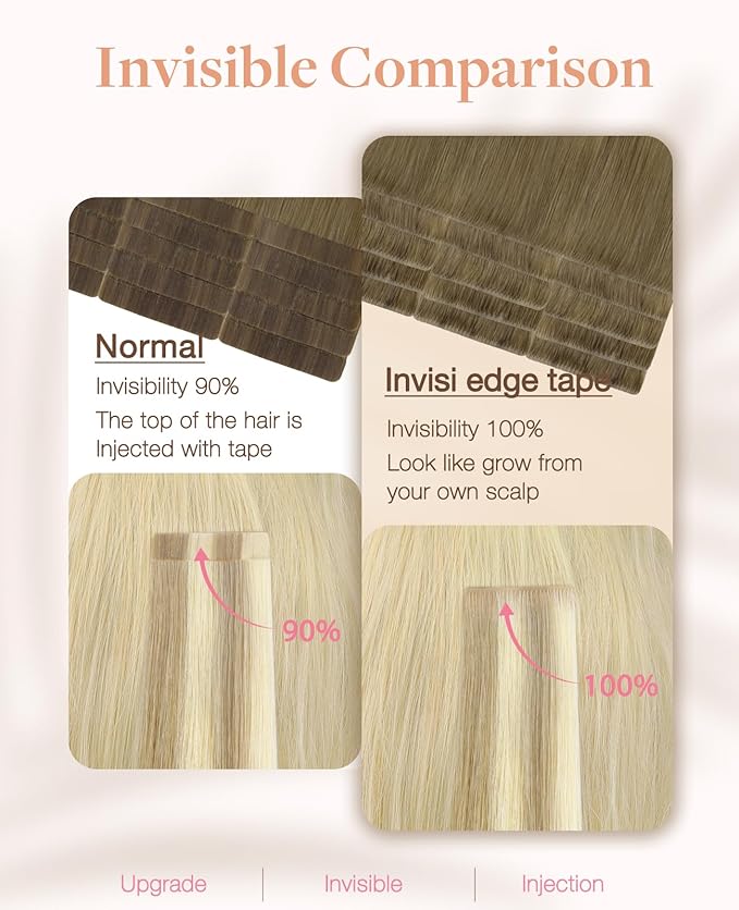 GOO GOO Invisi Edge Tape in Hair Extensions Human Hair, 9/60 Balayage Ash Brown to Platinum Blonde 10pcs injected with 10pcs classical tape ins, 24inch 50g, Virgin Remy Hair, Natural Look