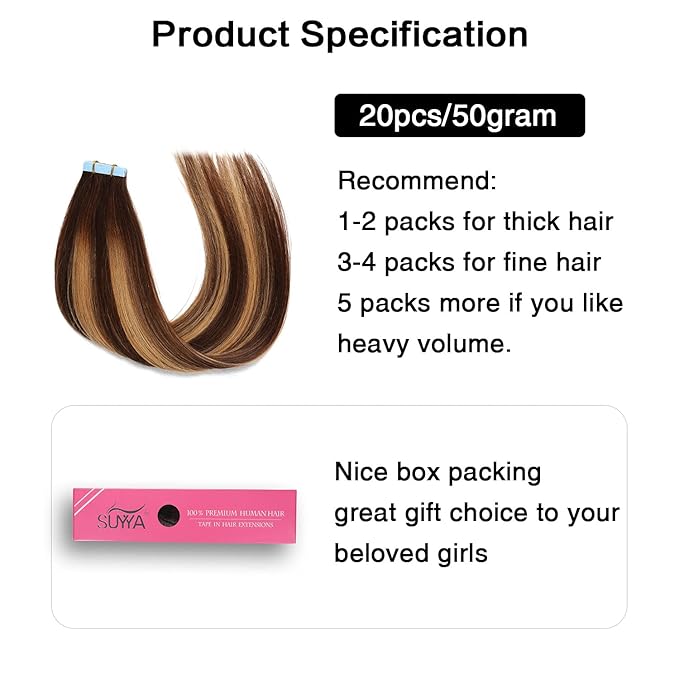 SUYYA Tape in Hair Extensions Human Hair Ombre Color Chocolate Brown to Caramel Blonde Remy Hair 20 inches 20pcs 50g/pack Straight Seamless Skin Weft Tape in Human Hair Extensions(20 inch #P4/27/T4)