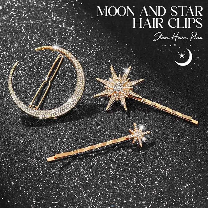 BARTOSI Moon Star Hair Clips Gold Stars Hair pins Crystal Celestial Hair Accessories for Women and Girls (Pack of 3)