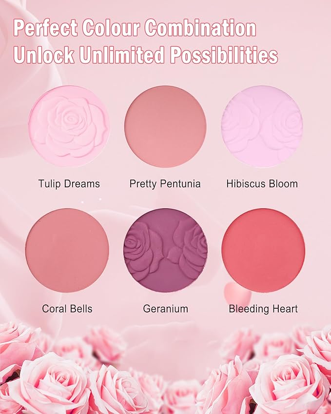 Matte Rose Face Blush Palette Kit with Brush-6 Colors Pink Purple Silky Mineral Blendable Blusher Contour Powder for Cheeks,Longlasting Facial Eyeshadow Beauty Cosmetic Makeup Gift for Women-Set 01