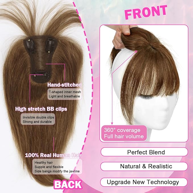 Hair Toppers for Women Real Human Hair 3D Cover Human Topper with Bangs Wispy Bangs Extensions Clip in Bangs for Daily Wear Chocolate Brown