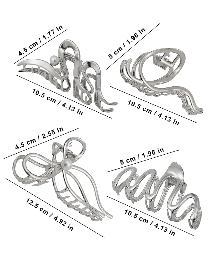 HAIMEIKANG 4 PCs Metal Hair Claw Clips - Irregular Large Clips for Women, Non-Slip Styling Accessories for Thick and Thin Hair (Silver)