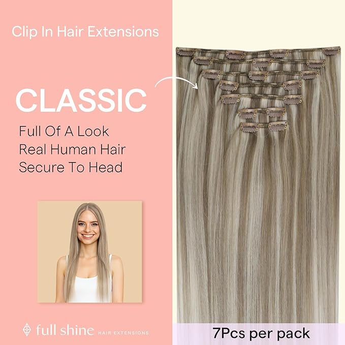 Full Shine Clip In Hair Extensions Real Human Hair, Blonde Clip In Extensions for Thin Hair 7Pcs 120G Real Human Hair Extensions Clip In, Silky Straight Hair 20 Inch