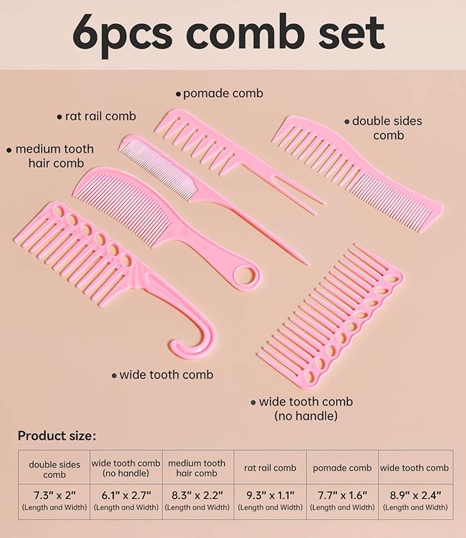 6PCS Professional Hair Comb Set for Women & Men Rat Tail, Wide & Fine Tooth Combs for Curly Hair, Braiding, Barber Styling, Cutting & Parting (Pink)
