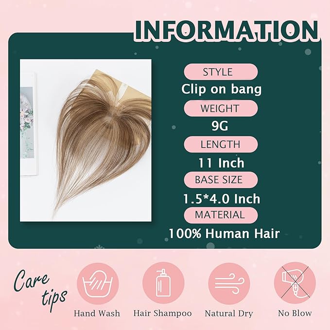 Benehair Clip on Bangs Human Hair, Front Hair Extensions for Women Hair Pieces with Temples for Daily Wear (Medium Brown highlights dark blonde)