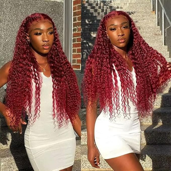 24 Inch 99J Burgundy Deep Wave Lace Front Wigs Human Hair 200% Density 13x6 Lace Front Wigs Human Hair Glueless HD Lace Frontal Wigs for Women